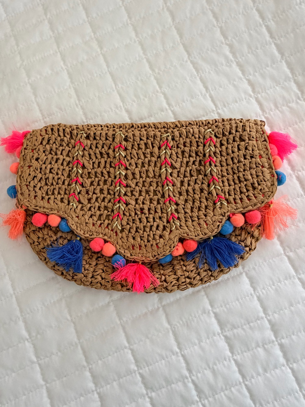 Lilly Pulitzer Ladies Straw Clutch with Pink, Blue & Coral Pom Tassels